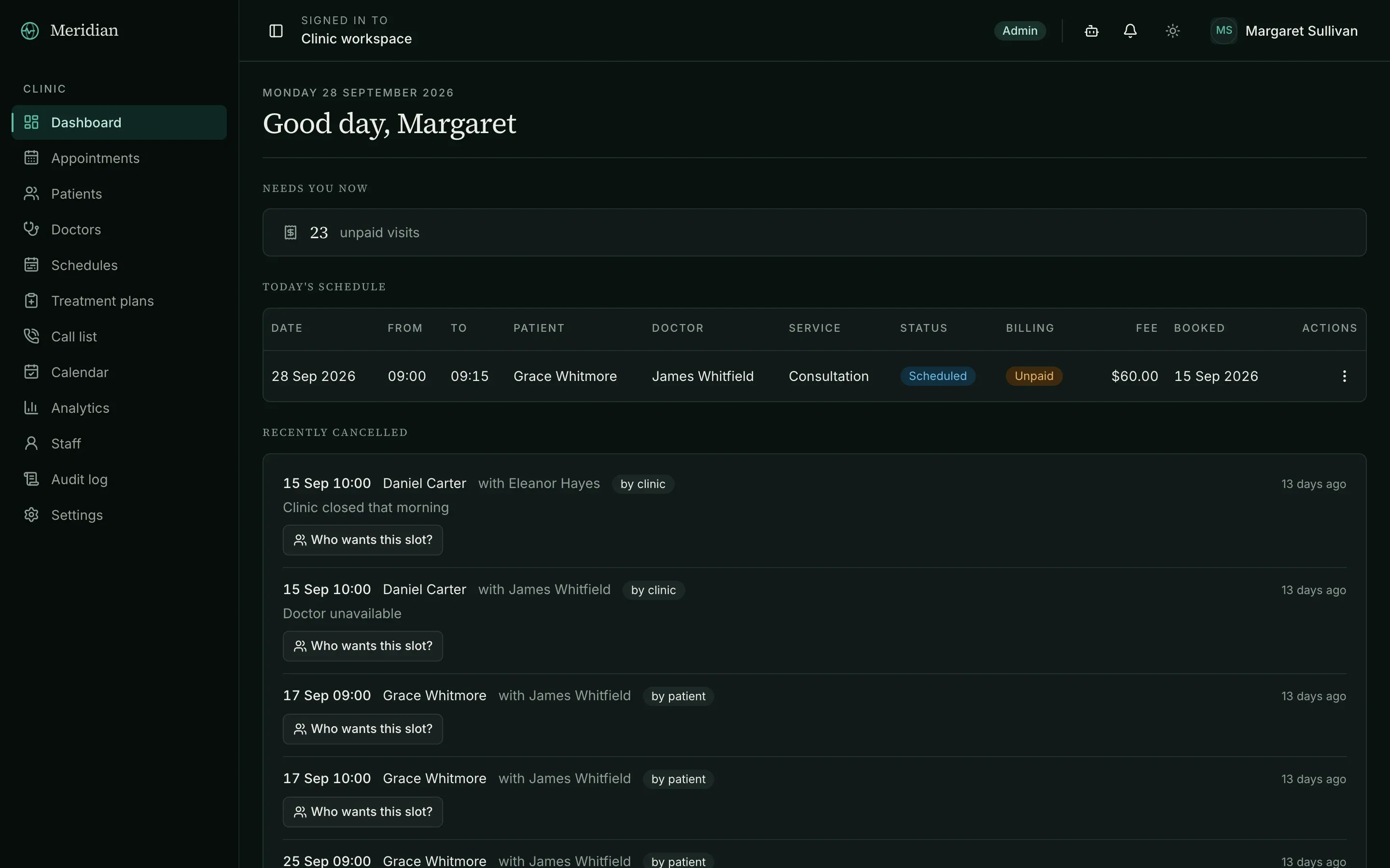 Meridian — Front-desk dashboard